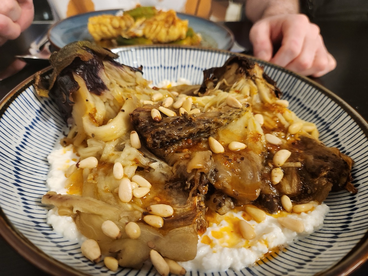 Burnt eggplant with feta and harissa