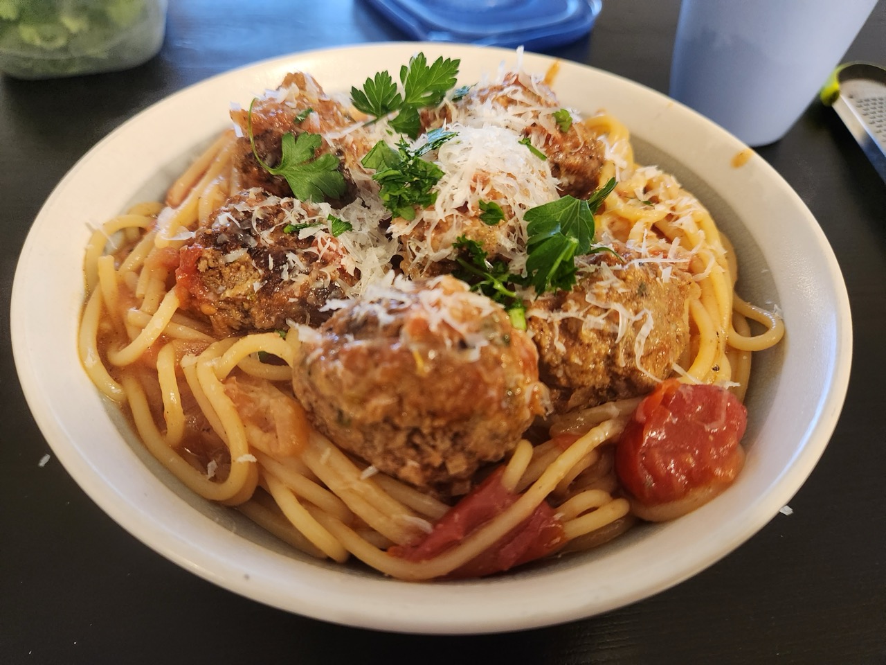 Leftover dumpling spaghetti and meatballs